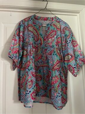Paisley-Print Short Sleeve Blouse in Aqua and Pink